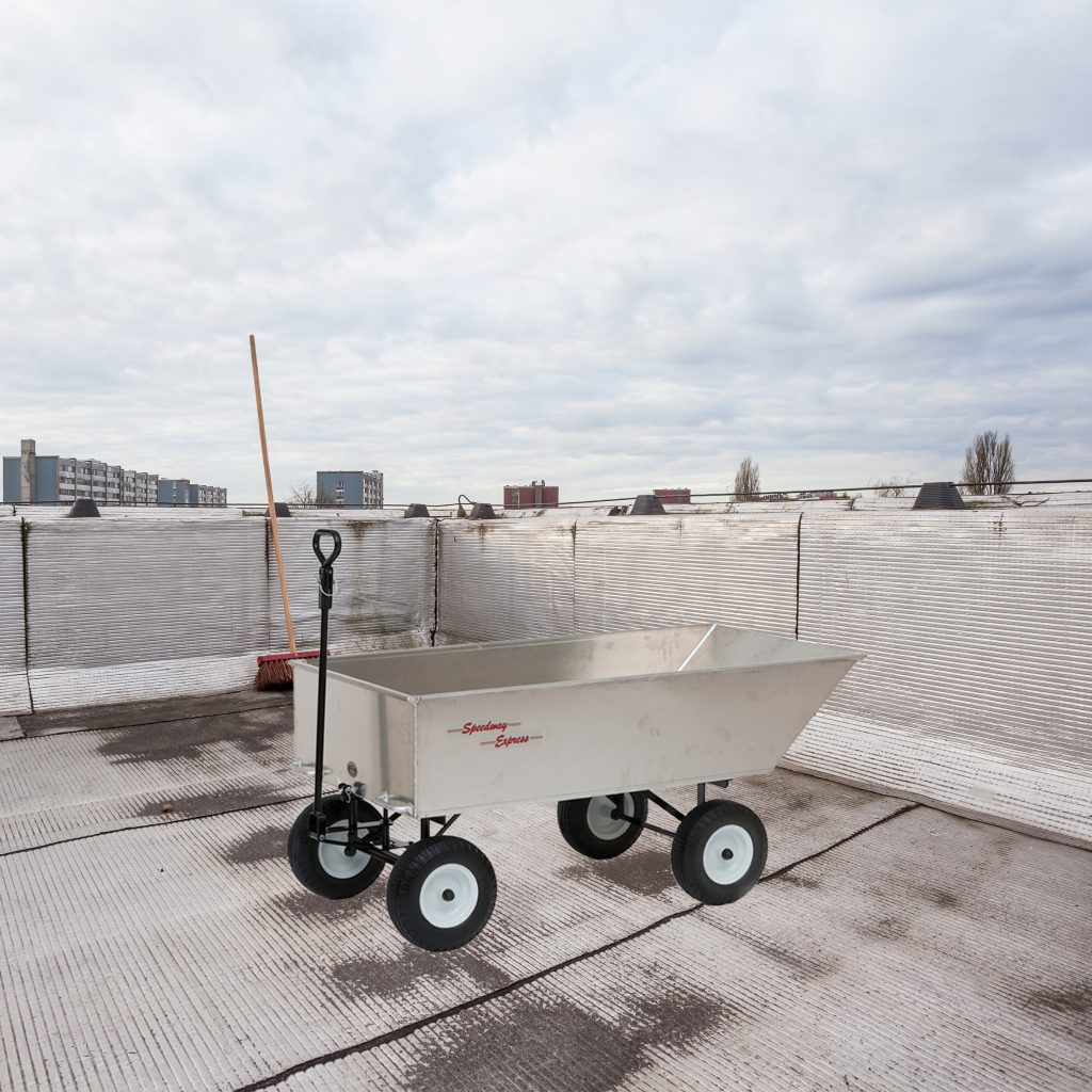 commerical roofing work wagon on roof