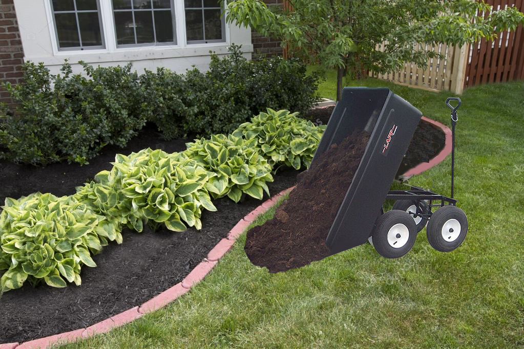 yard and garden cart dumping mulch